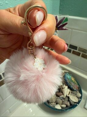 Pink Faux Fur Pom Pom Keychain with Floral Charm